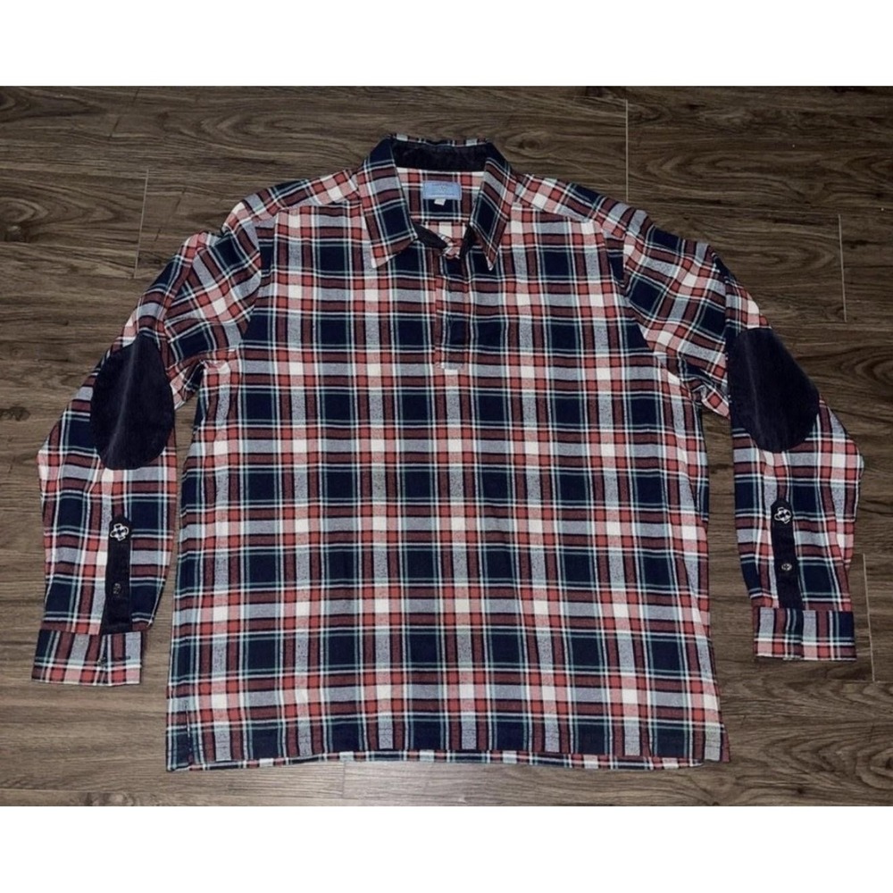 Castaway Shirt Mens XL Blue Red Plaid Flannel Long Sleeve Elbow Patch Casual
